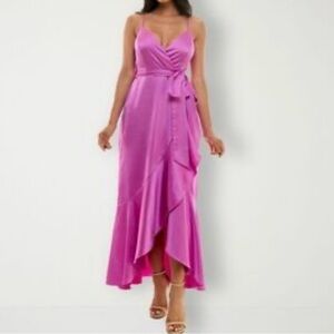 NWT Premier Amour Pinky Purple Hi Lo Ruffle Spaghetti Strap Zip Belt Dress Party